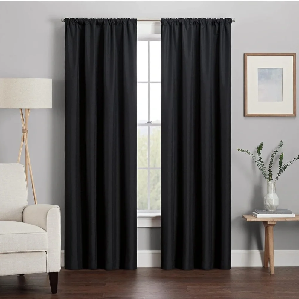 RE Room Essentials 2 Black Thick Room Darkening Blackout Curtains Drapes 84”